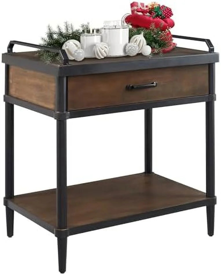 Rustic Brown and Black Nightstand with Drawer and Open Shelf Z404