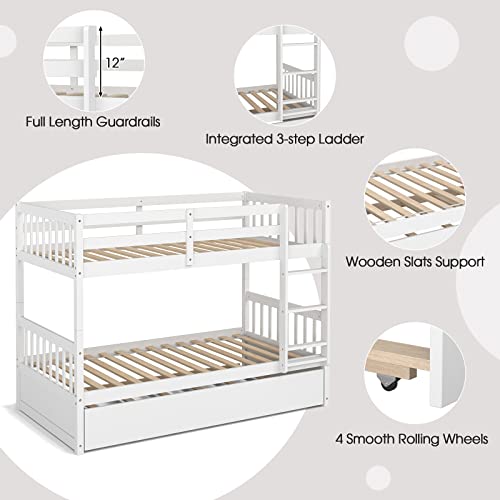 White Twin Over Twin Bunk Bed with Trundle T44003