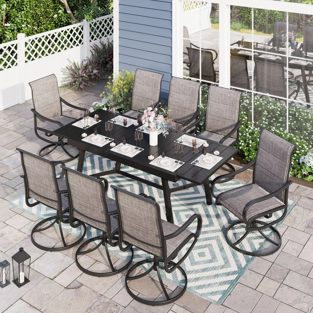 9 Piece Metal Outdoor Patio Dining Set with Swivel Chairs and Extendable Table T514481