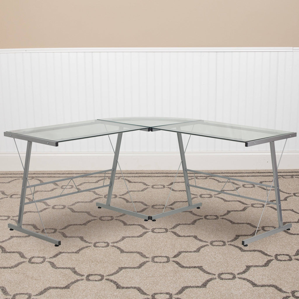 L-Shaped Clear Glass and Metal Corner Desk I756604