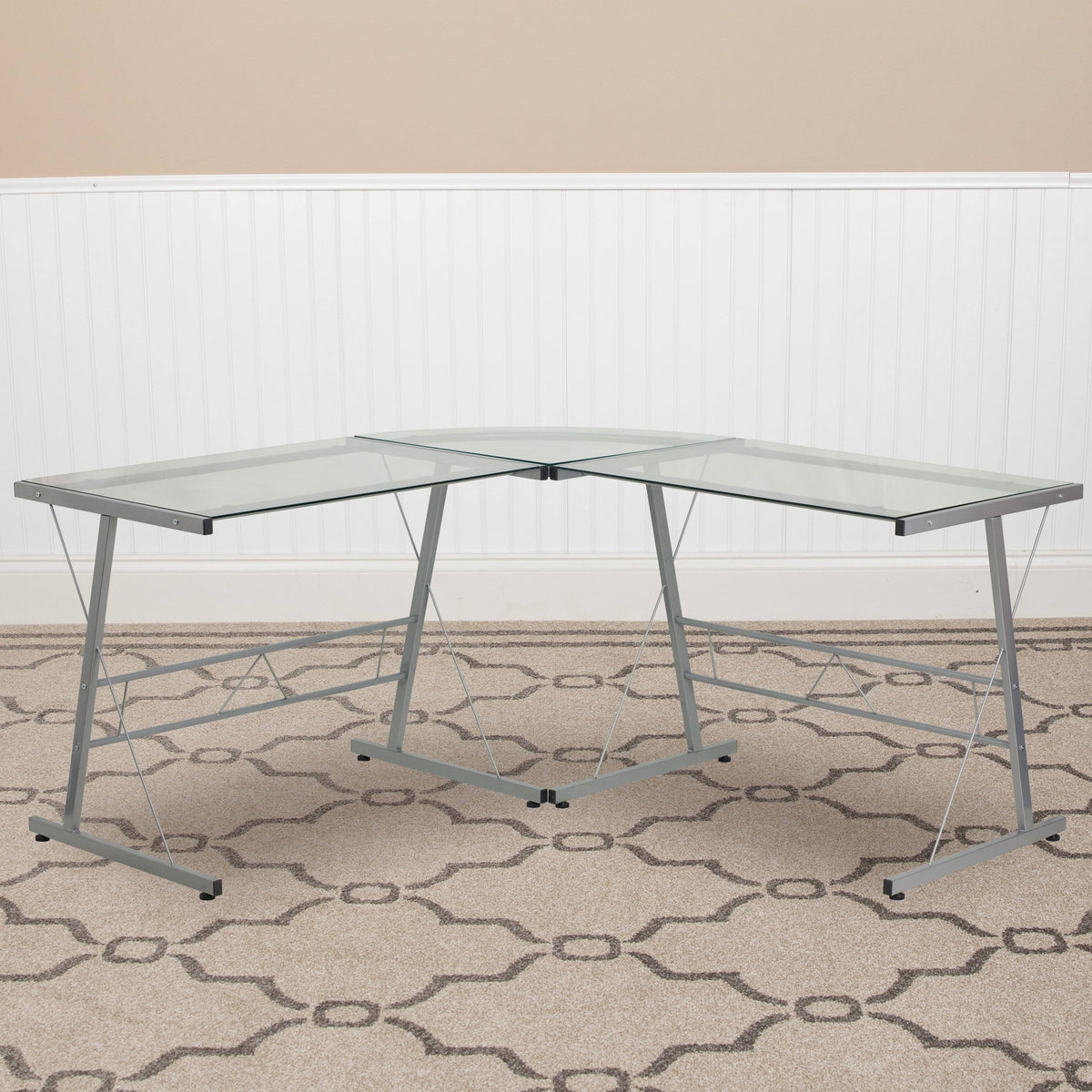 L-Shaped Clear Glass and Metal Corner Desk I756604