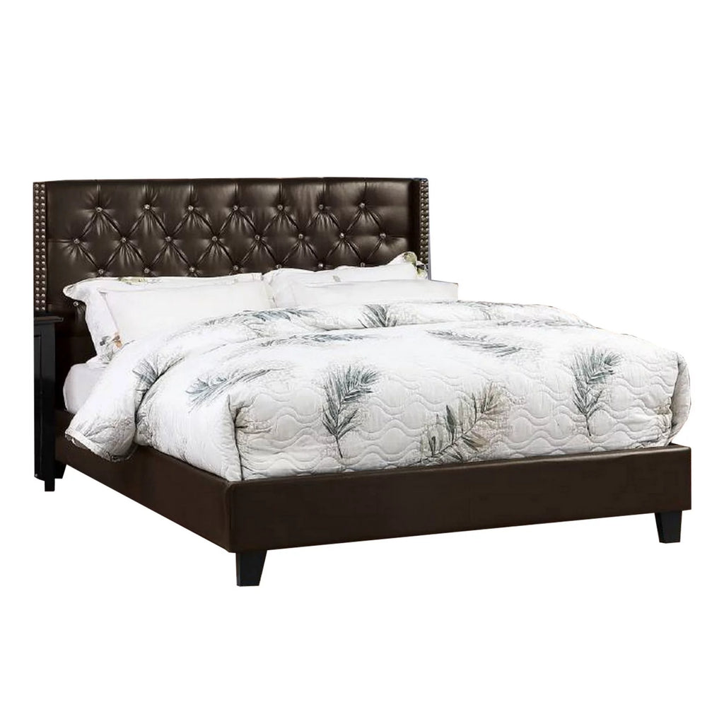 Queen Size Brown Faux Leather Upholstered Wood Bed with Nailhead Trim O50799