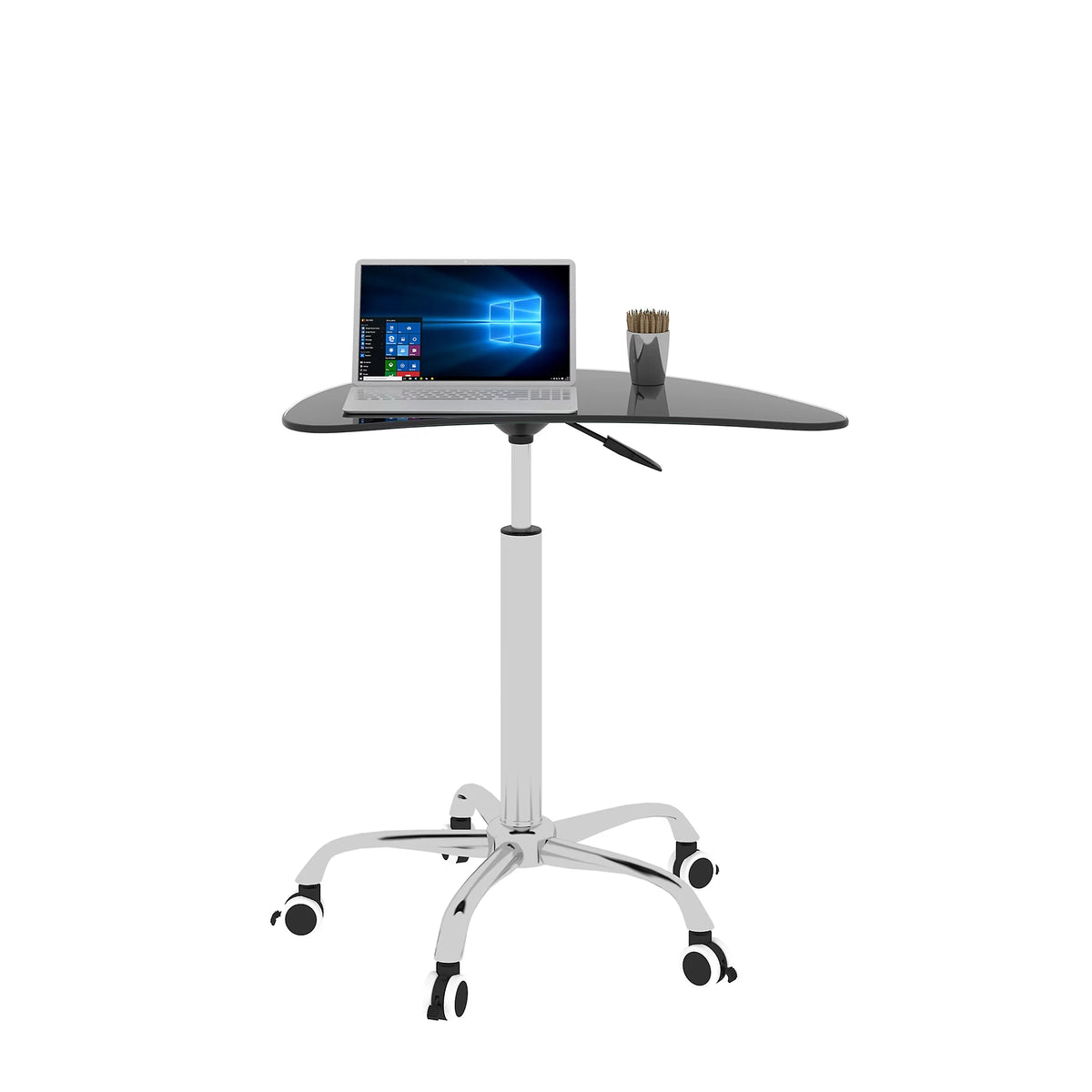Adjustable Height Black Tempered Glass Table Desk with Lockable Wheels G197235