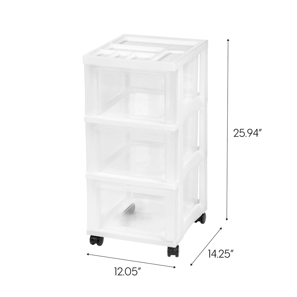 White 3 Drawer Narrow Plastic Storage Drawer with Organizer Top Y686313