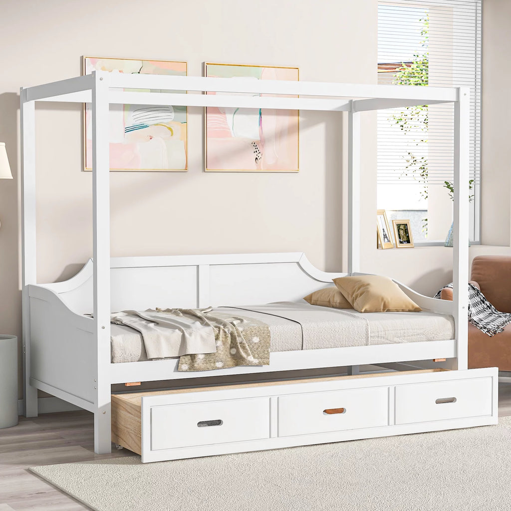 Twin Size Canopy Daybed with Drawer and Slat Support Leg, White X920