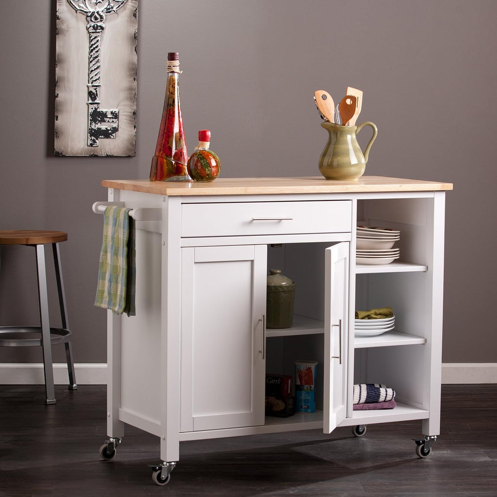 White Rolling Kitchen Cart Island with Cabinet S7712