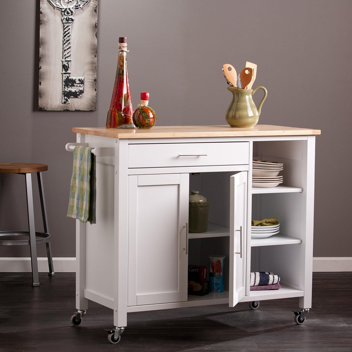 White Rolling Kitchen Cart Island with Cabinet S7712
