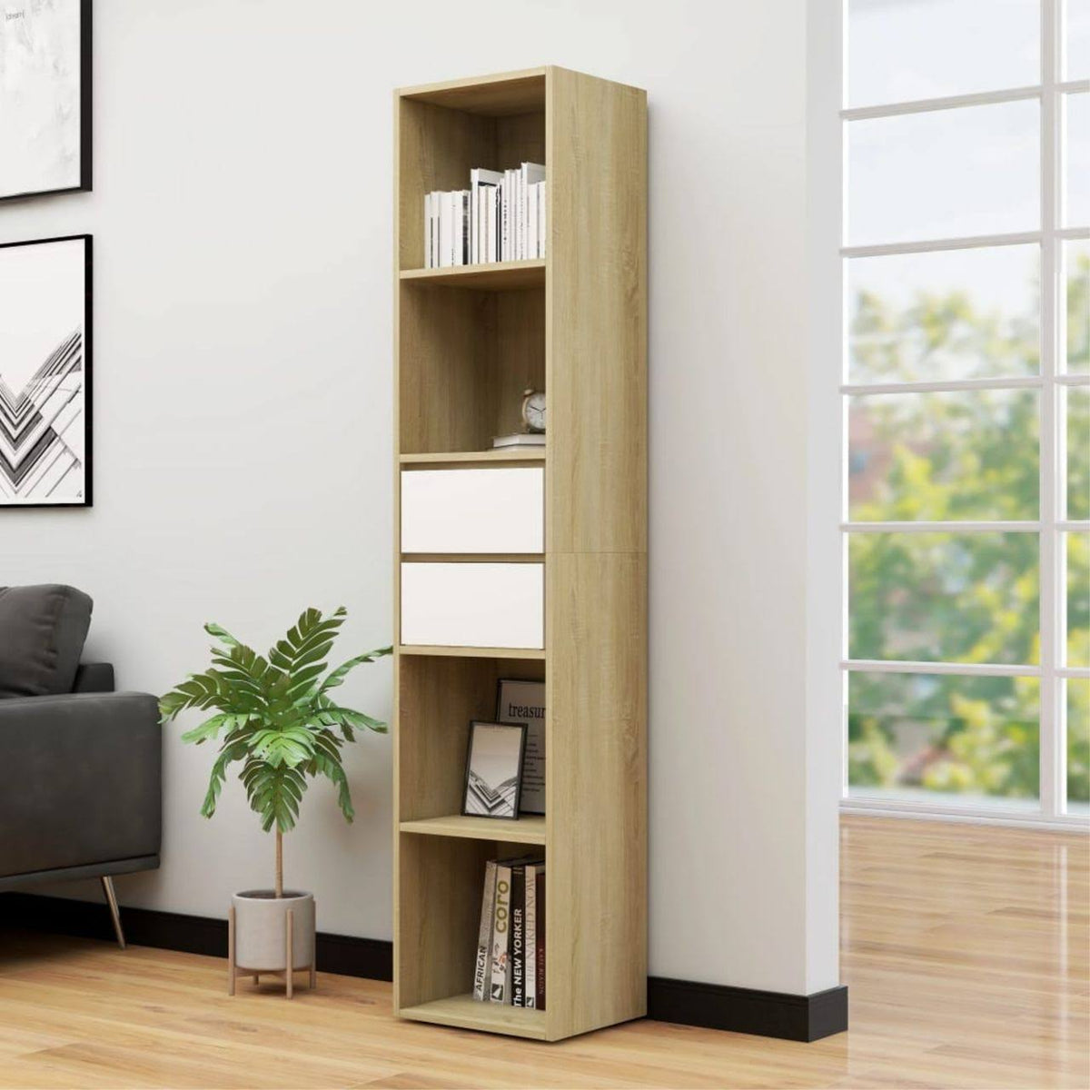 White and Sonoma Oak Chipboard Book Cabinet E3456