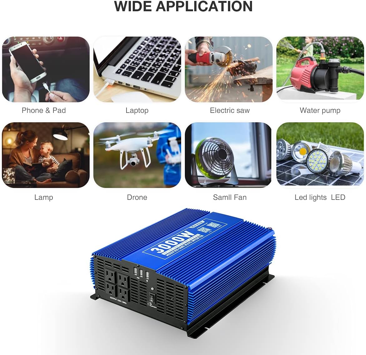 3000W Power Inverter DC12V to 110V AC with 4AC Outlets 2USB Port S25385