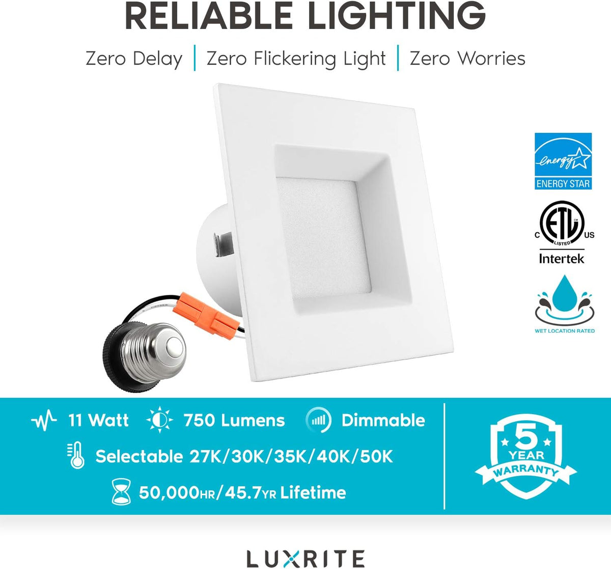 4 Inch Square Recessed LED Can Lights, CCT Selectable Dimmable, 6 Pack M311462