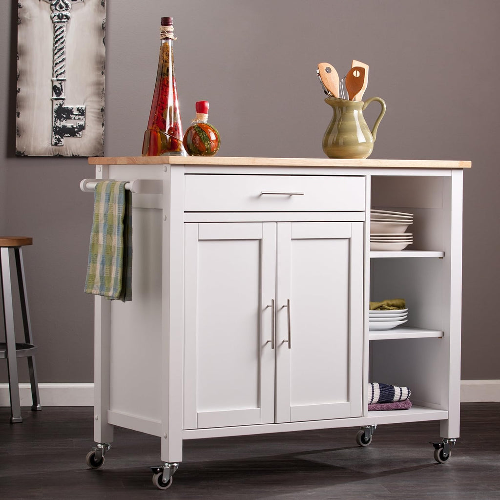 White Rolling Kitchen Cart Island with Cabinet S7712