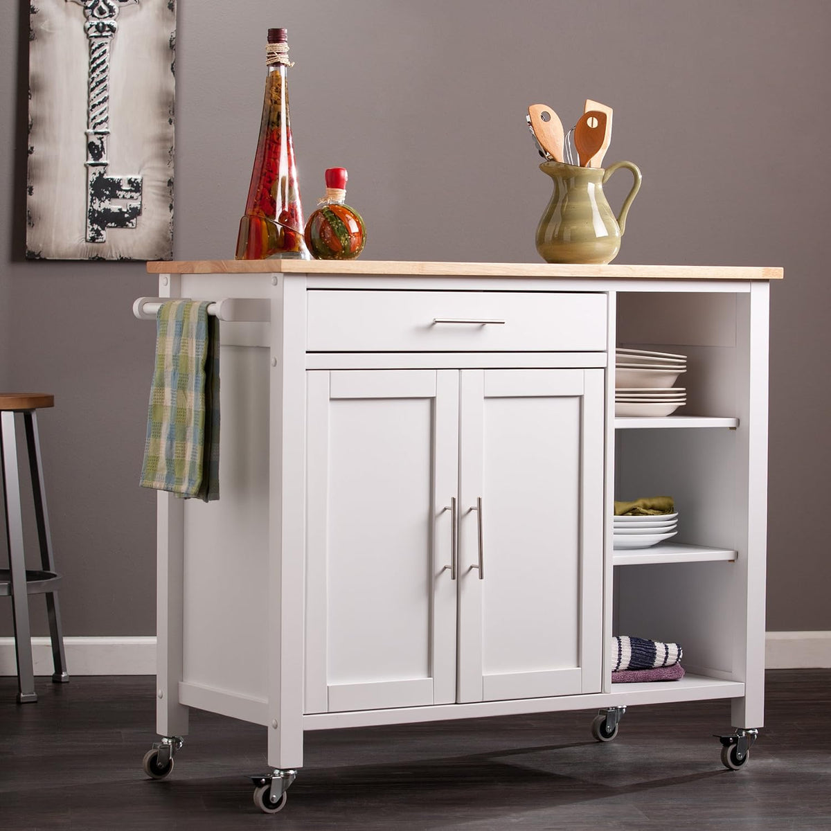 White Rolling Kitchen Cart Island with Cabinet S7712