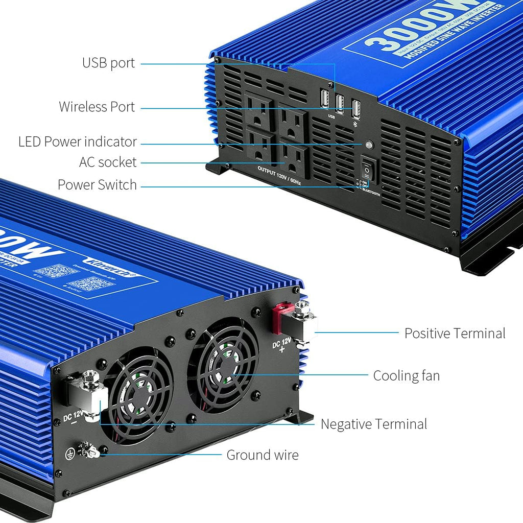 3000W Power Inverter DC12V to 110V AC with 4AC Outlets 2USB Port S25385