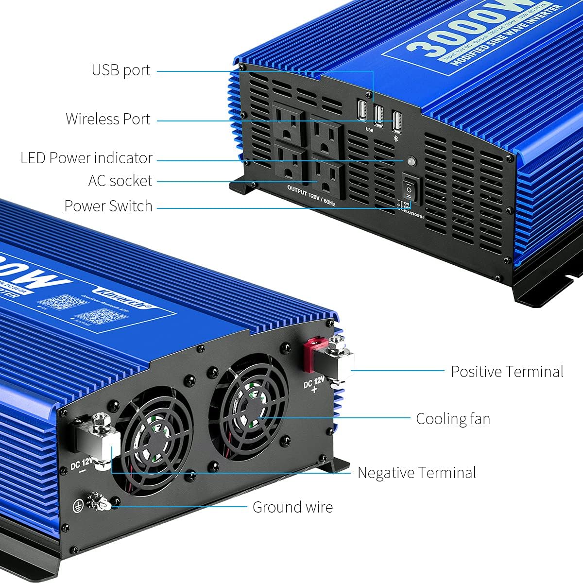 3000W Power Inverter DC12V to 110V AC with 4AC Outlets 2USB Port S25385