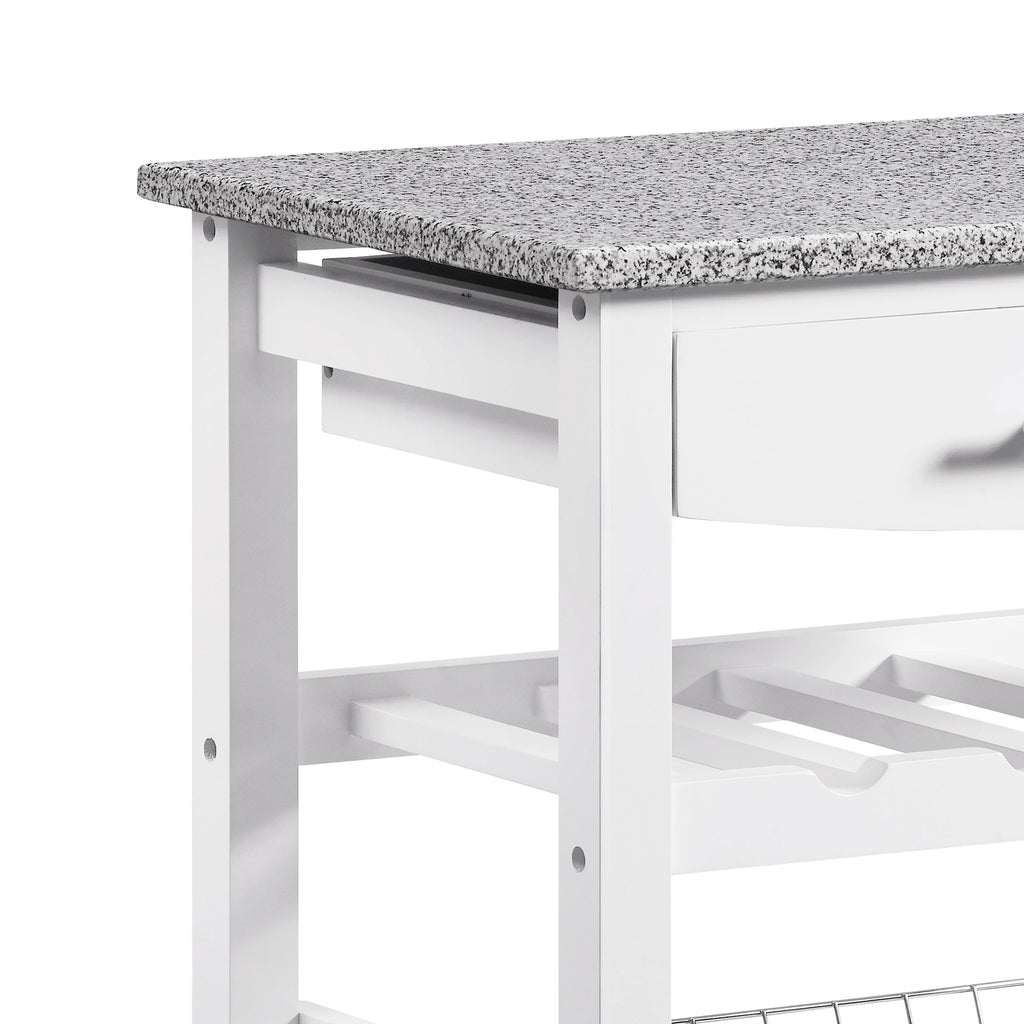 White Kitchen Island with Granite Top and Casters U788925