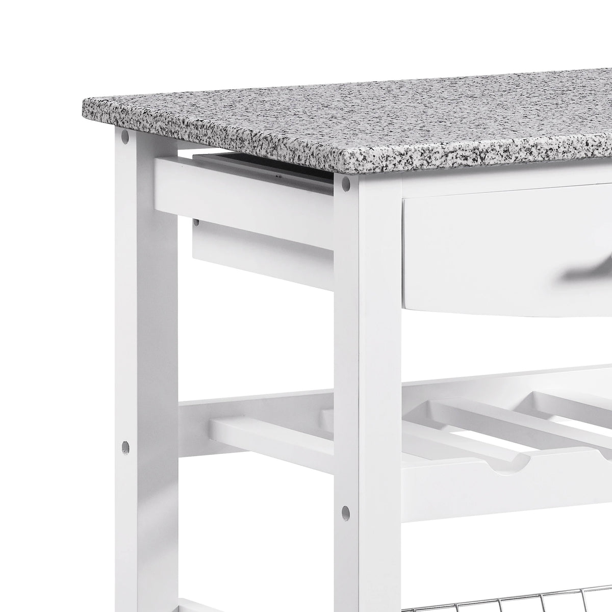 White Kitchen Island with Granite Top and Casters U788925