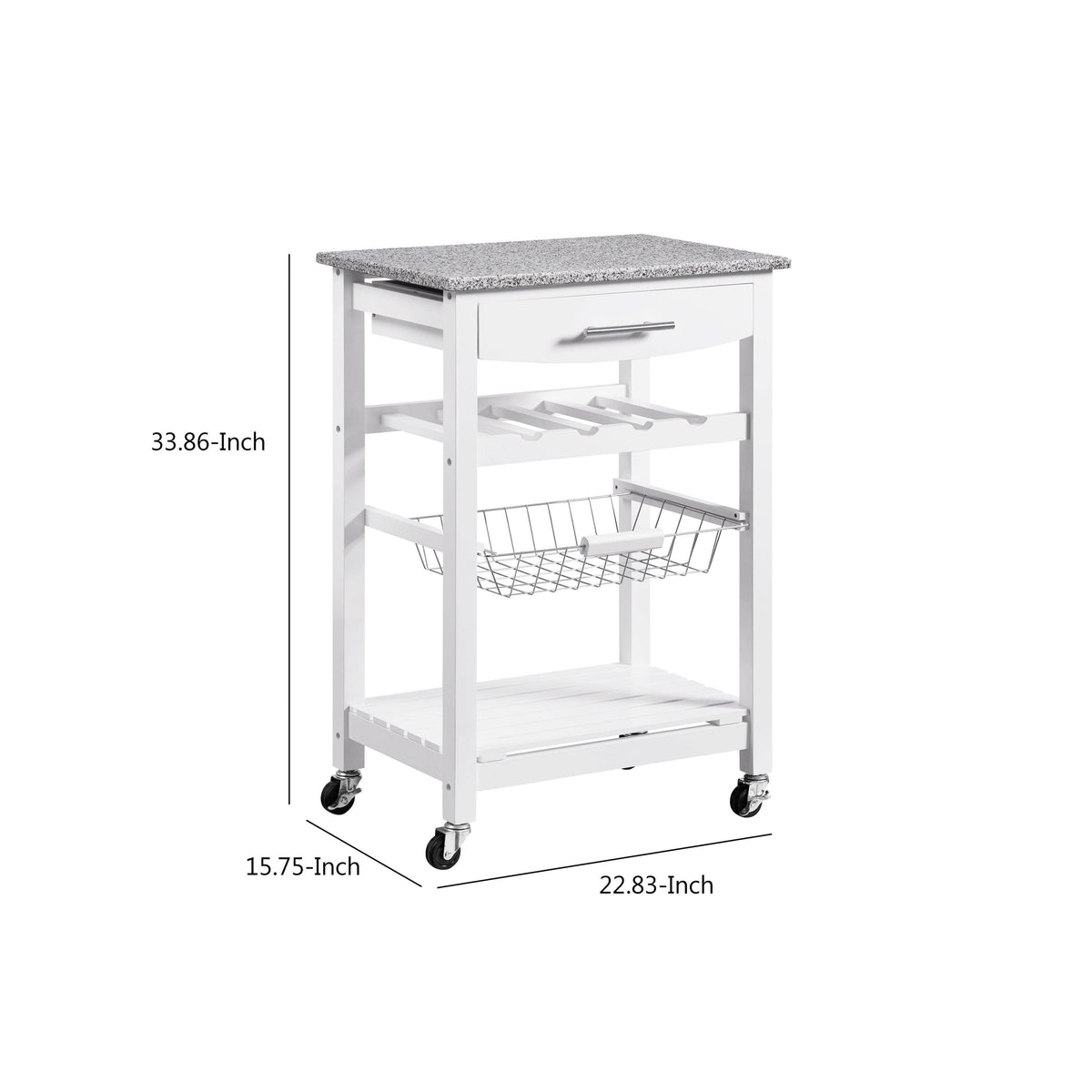White Kitchen Island with Granite Top and Casters U788925