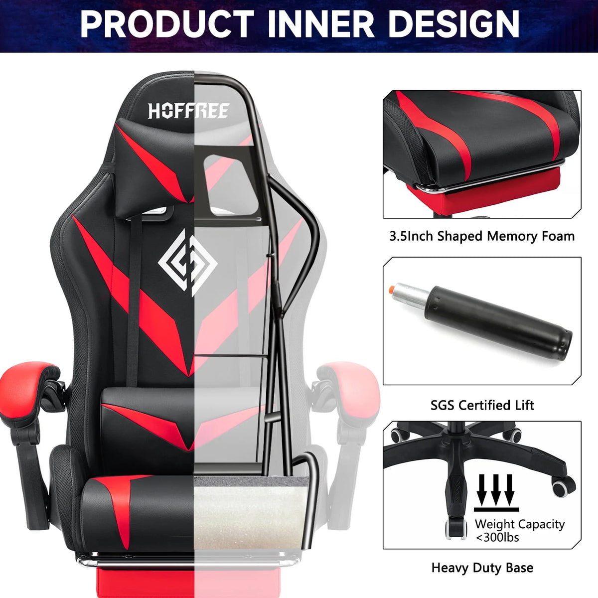 PU Leather Gaming Chair with Footrest and LED Lights E3948