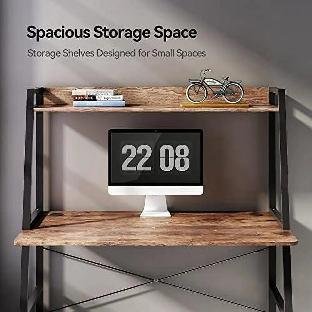 43 Inch Rustic Brown Computer Ladder Desk with Shelves W8772