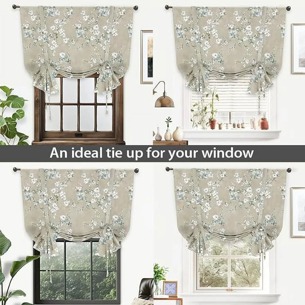 Blue Gray Floral Tie Up Curtain K248