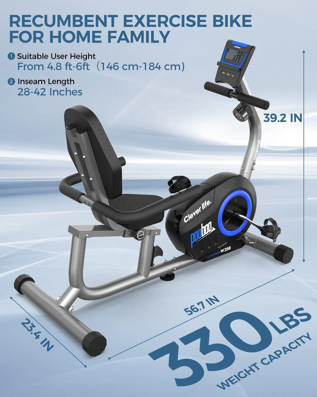 Magnetic Recumbent Exercise Bike 330lbs Blue X865155