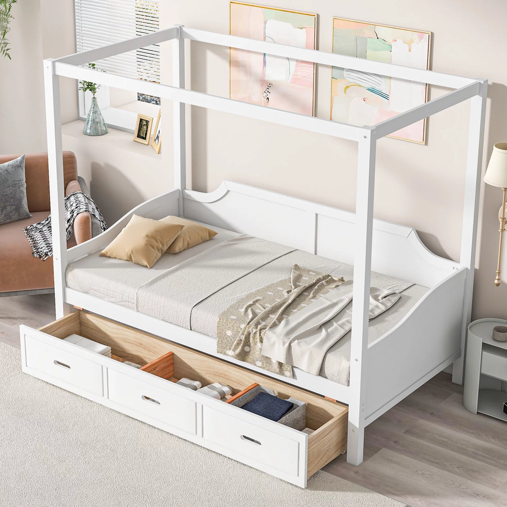 Twin Size Canopy Daybed with Drawer and Slat Support Leg, White X920
