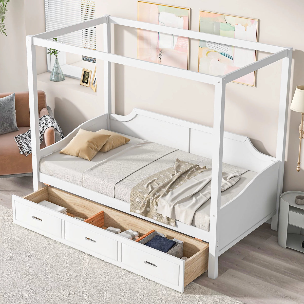 Twin Size Canopy Daybed with Drawer and Slat Support Leg, White X920