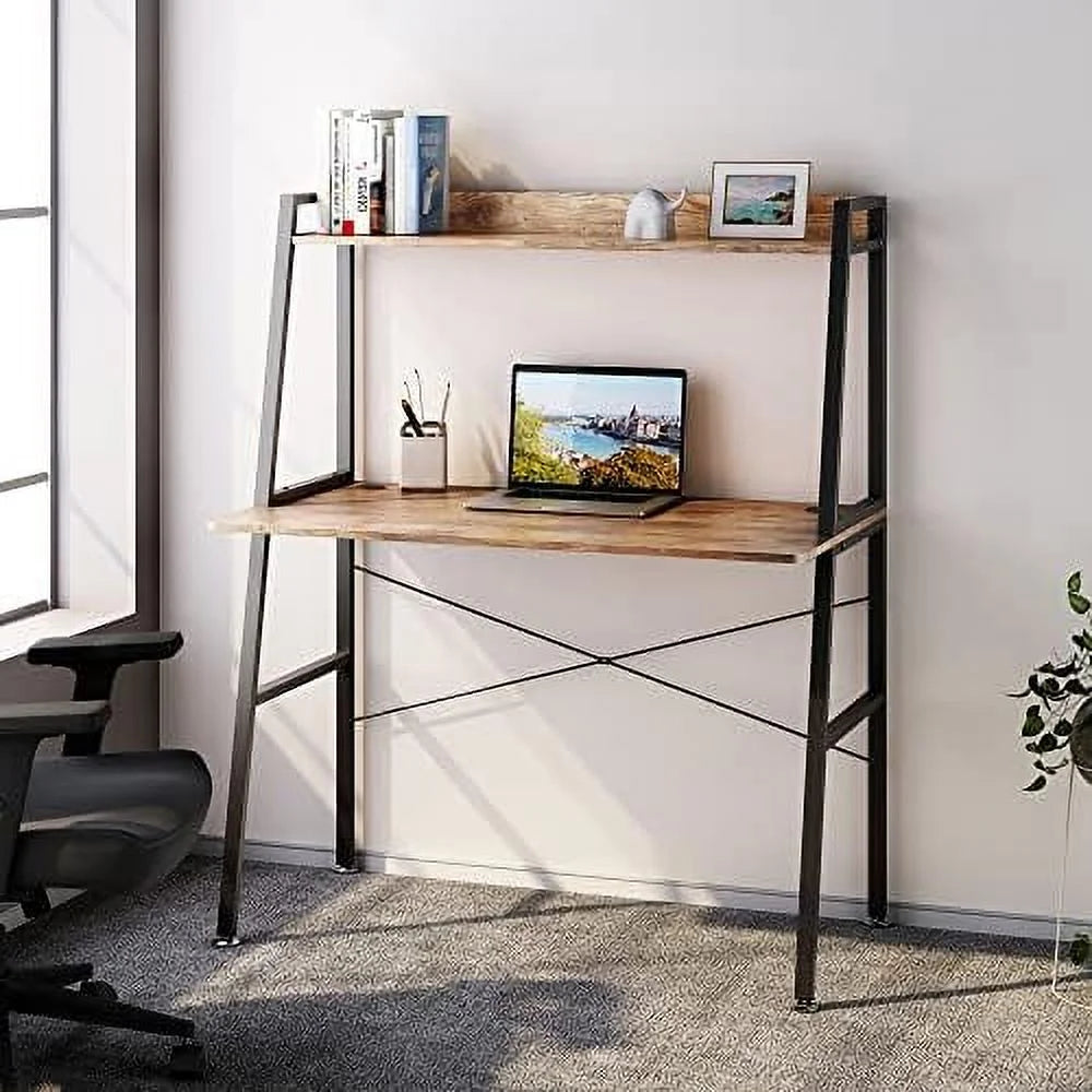 43 Inch Rustic Brown Computer Ladder Desk with Shelves W8772