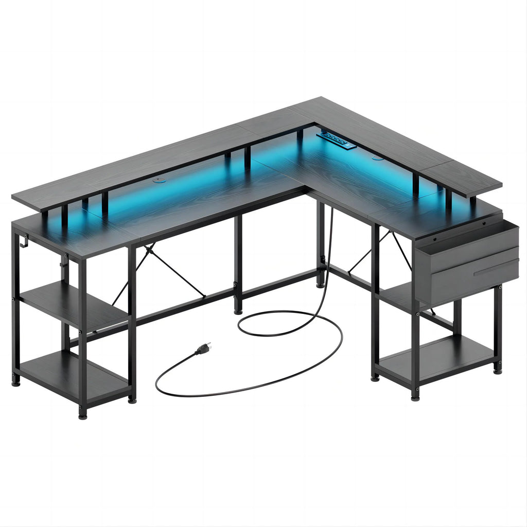L Shaped Desk with LED Light and Monitor Stand, Black U406