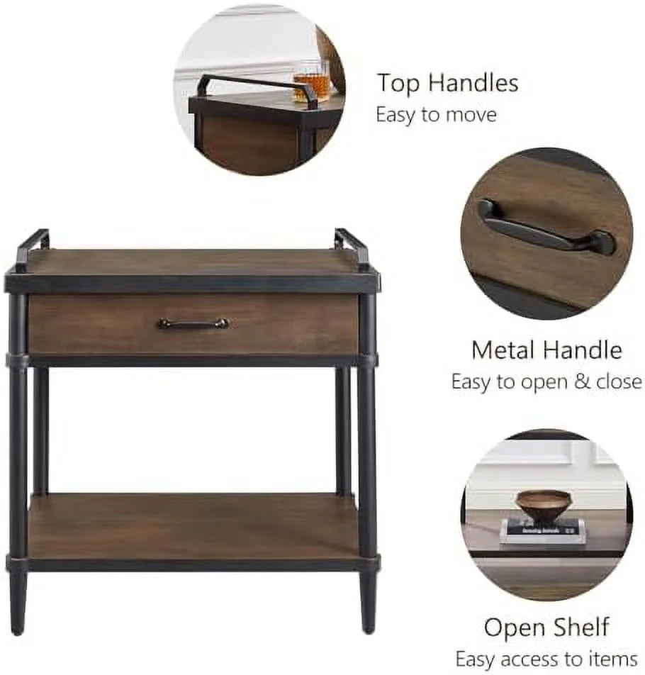 Rustic Brown and Black Nightstand with Drawer and Open Shelf Z404