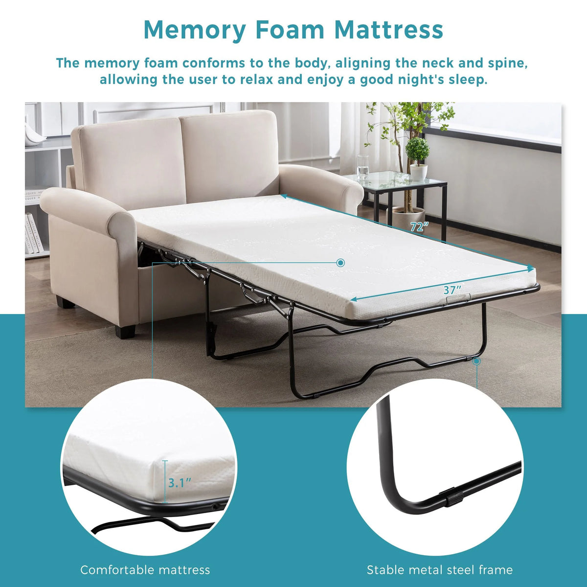 Beige Convertible Sleeper Sofa with Memory Mattress C290