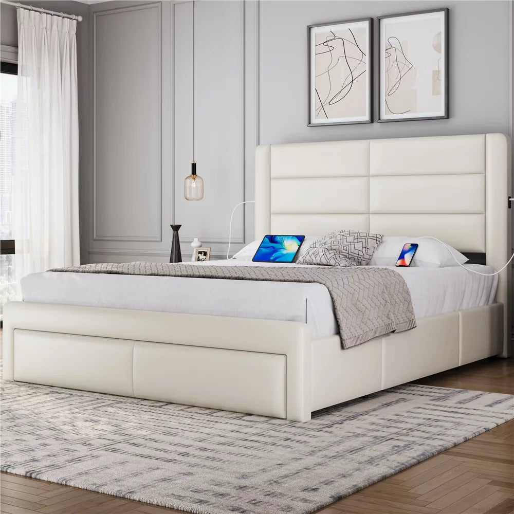 Queen Upholstered Leather Bed Frame with 3 Storage Drawers and USB Ports, Black R3683