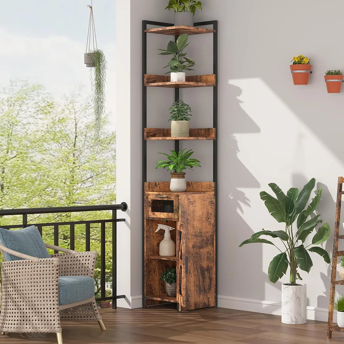 Grey 7-Tier Corner Cabinet with Drawer E2358