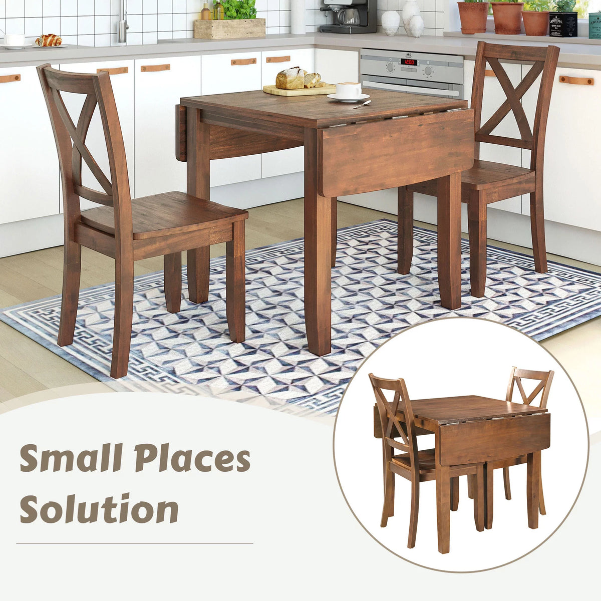 3-Piece Wood Drop Leaf Dining Table Set with 2 Chairs J680216
