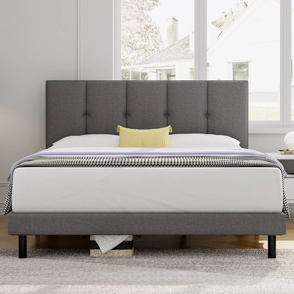 Full Size Bed Frame with Upholstered Headboard and Wooden Slats, Dark Grey Y914