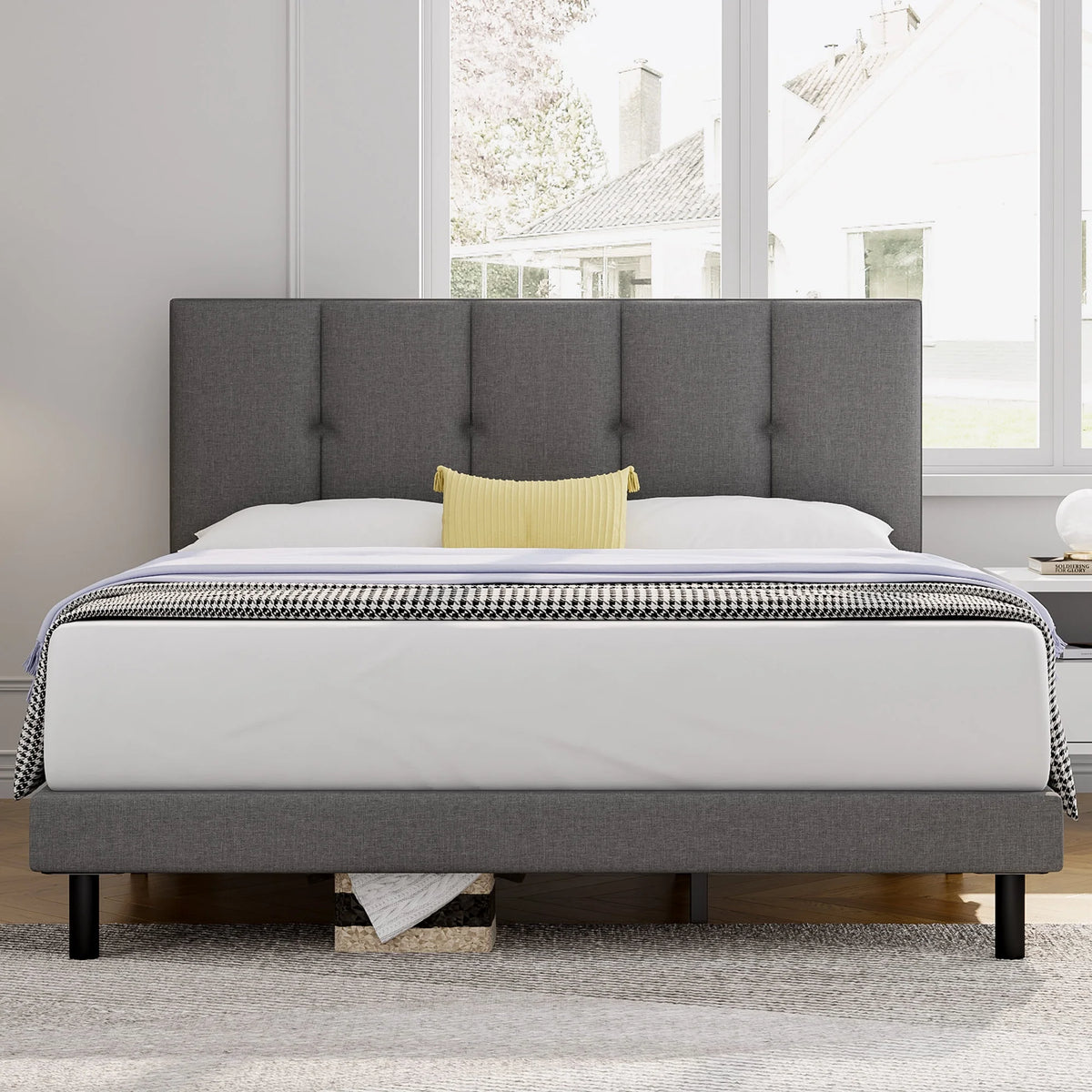 Full Size Bed Frame with Upholstered Headboard and Wooden Slats, Dark Grey Y914
