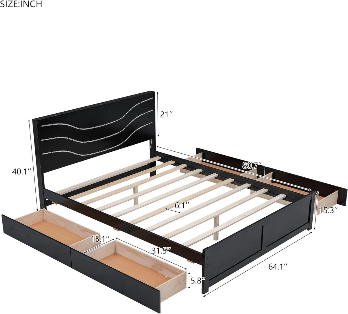Queen Size Wood Platform Bed Frame with Headboard and 4 Storage Drawers G89910