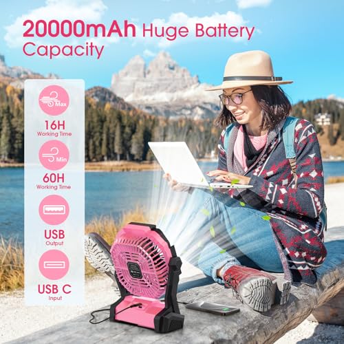 Portable Rechargeable Fan 20000mAh with LED Lantern Pink A6393