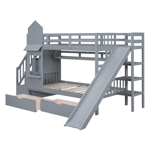 Full-Over-Full Wood Bunk Bed with Slide and Storage Staircase O90819