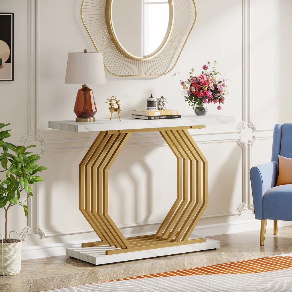 Gold Console Table with Geometric Metal Base E4043