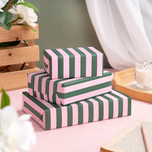 Kraft Green and Pink Stripe Wrapping Paper Mini Roll L3129