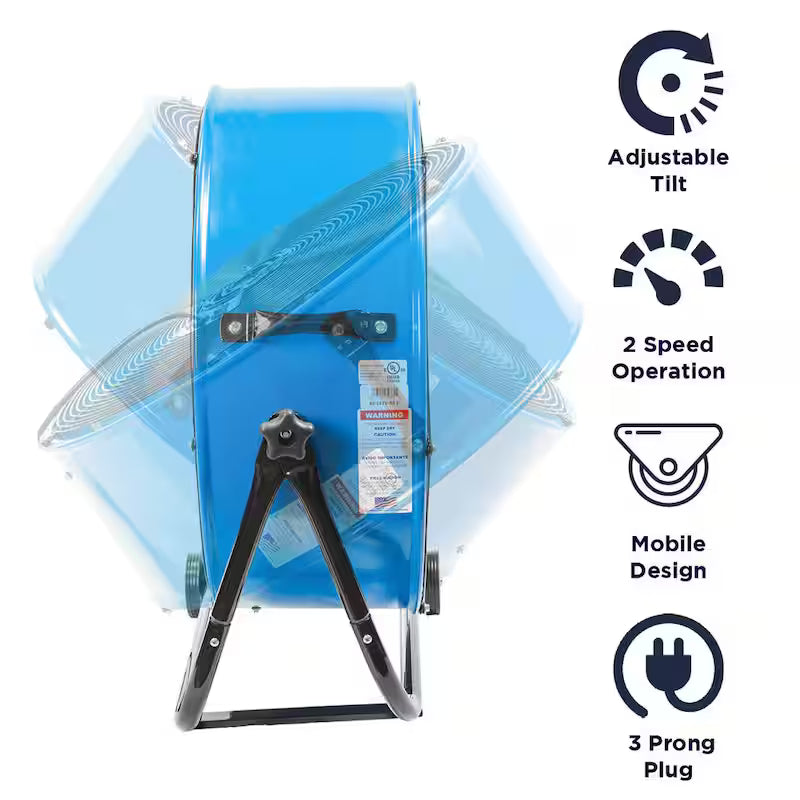 2 Fan Speeds Drum Fan in Blue with Snap-On Wheels W93967