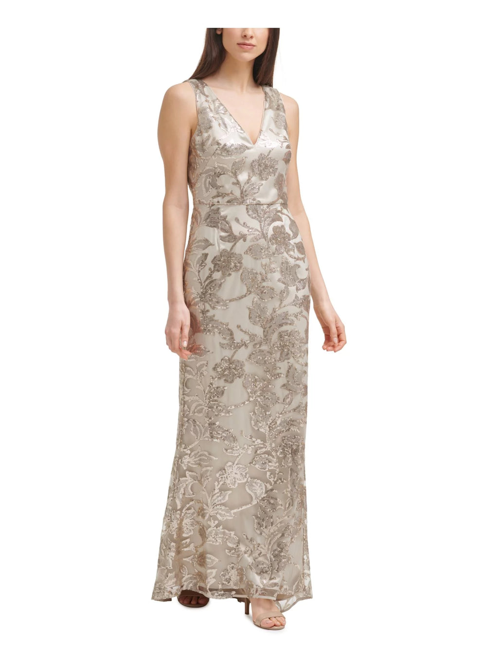 Beige Sequined Sleeveless V Neck Full-Length Sheath Dress K719398