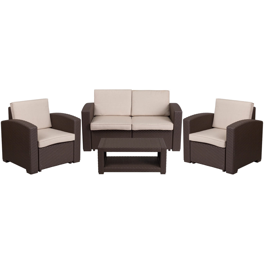 4 Piece Brown Faux Rattan Patio Furniture Set with Beige Cushions D377