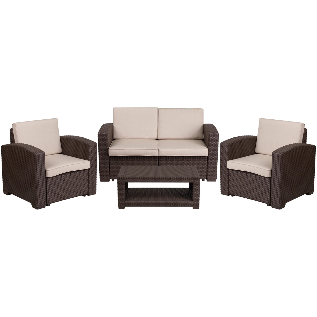 4 Piece Brown Faux Rattan Patio Furniture Set with Beige Cushions D377