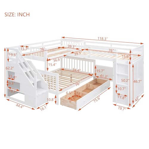 L-Shaped Twin-Twin Over Full Bunk Bed with Stairs and Guardrails H5962