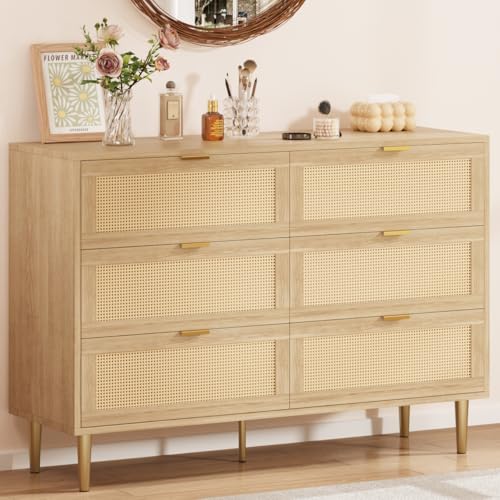 Oak 5 Drawer Rattan Wood Dresser I292046