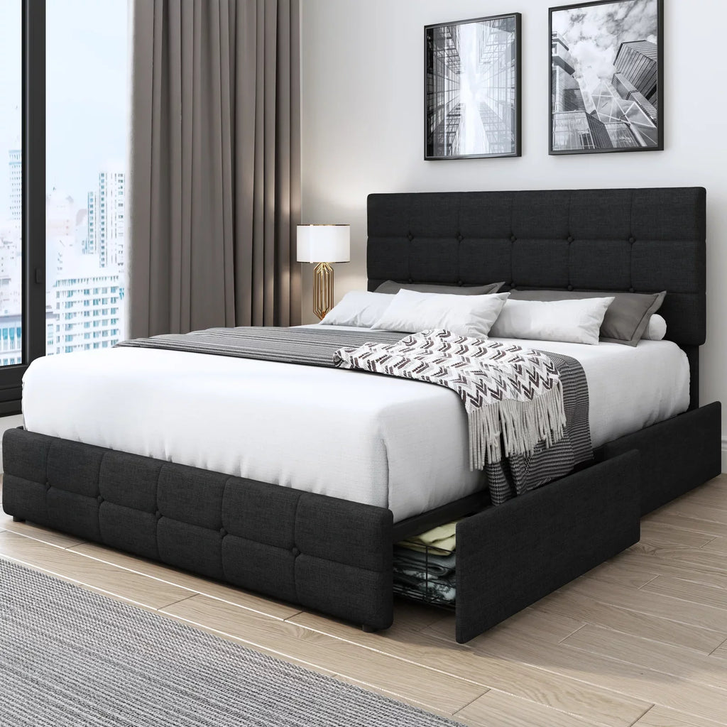 Queen Size 4 Drawer Upholstered Platform Bed with Adjustable Headboard G43720