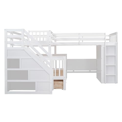 L-Shaped Twin-Twin Over Full Bunk Bed with Stairs and Guardrails H5962