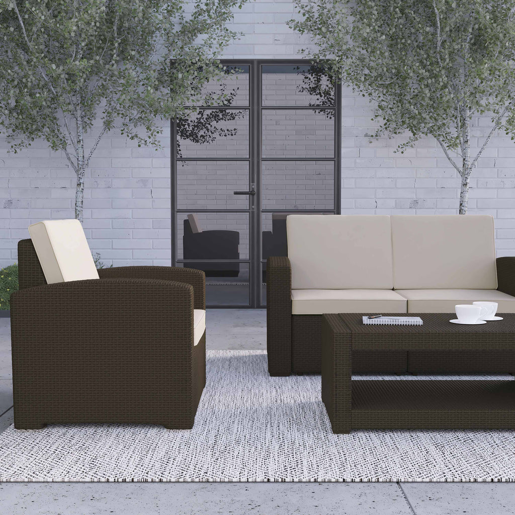 4 Piece Brown Faux Rattan Patio Furniture Set with Beige Cushions D377